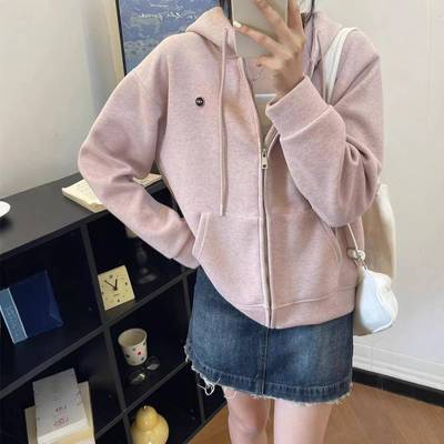 秋冬新款韩版休闲时尚简约字母宽松拉链连帽卫衣外套开衫女潮ay45