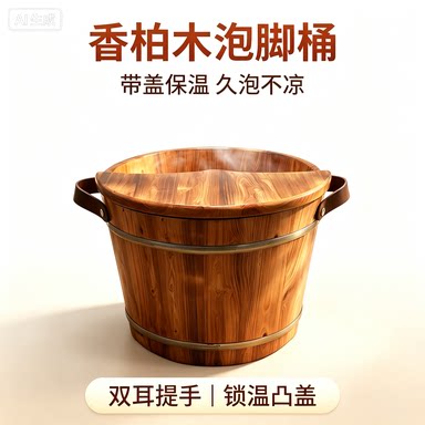 香柏木泡脚桶家用实木足浴桶带盖保温双耳提手高深木桶泡脚专用盆