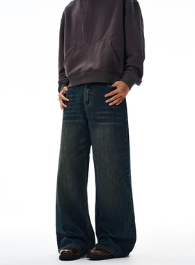 SANDY 美式巴黎竹节复古蓝A字牛仔裤男女宽松直筒慵懒百搭长裤