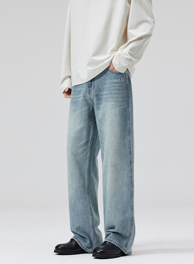 SANDY 美式冰蓝浅色破洞牛仔裤男直筒宽松cleanfit百搭裤