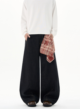 SANDY优雅弯刀裤可拆方巾牛仔裤男女个性痞帅cleanfit宽松阔腿裤