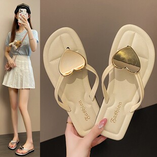外穿夹脚夹板鞋 平底人字拖鞋 少女生时尚 户外沙滩鞋 女士桃心型新款