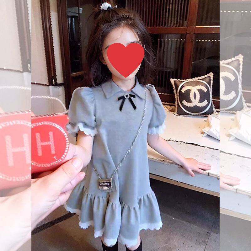 女童韩版时髦泡泡袖polo连衣裙中大童夏季新款纯色花边领公主裙潮