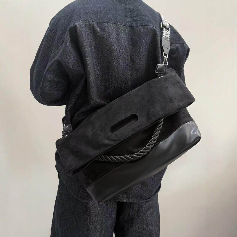 小众双拼设麂包皮绒黑色托特男潮流百计搭大容量通女勤单肩斜挎包