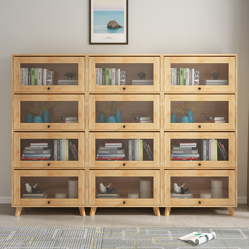 实木书柜带玻璃柜门客厅展示柜简易书架置物架落地家用卧室收纳柜