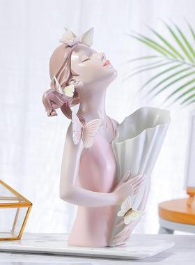 小清新装蝴蝶女孩捧花抱花插树脂RRW2013工艺品摆茶客厅几电视柜