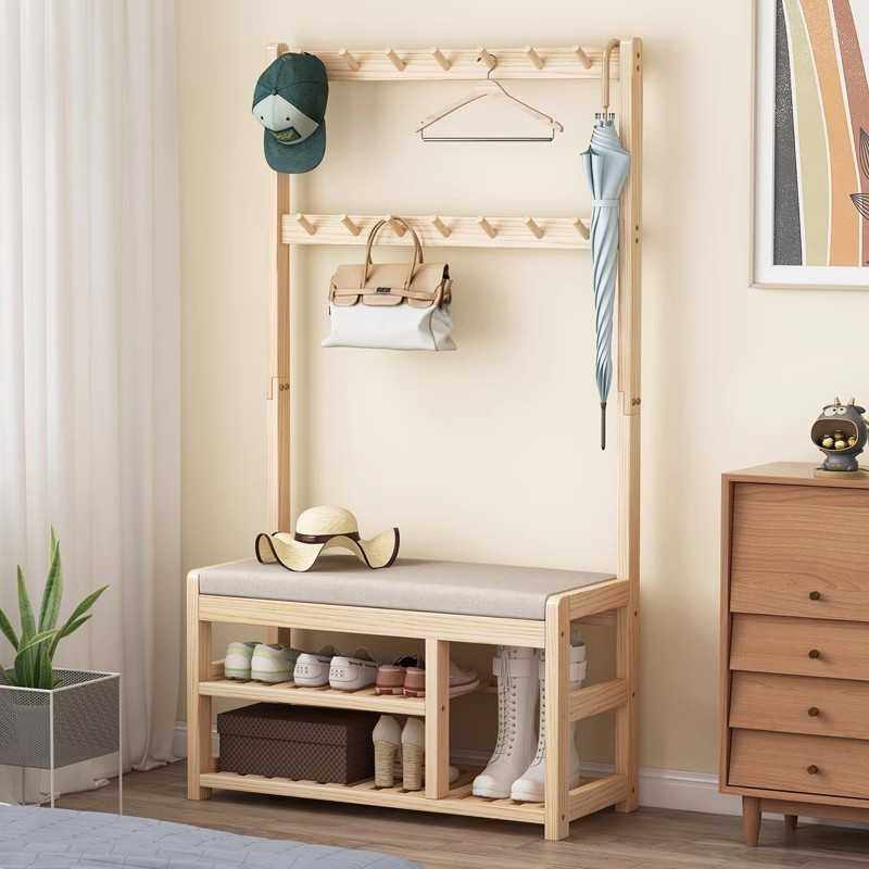 实木换鞋凳挂衣架入户多功能鞋架衣帽架一体门口玄关落地带凳衣架