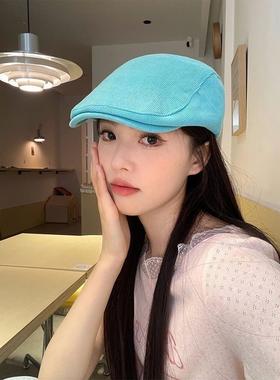 多巴胺穿搭前进帽女夏洋气复古蓝绿色帽子古着风格彩色反戴贝雷帽