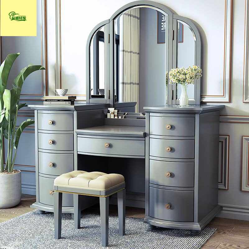 现代简约美式实木梳妆台轻奢高档智能折叠镜卧室化妆桌收纳柜一体