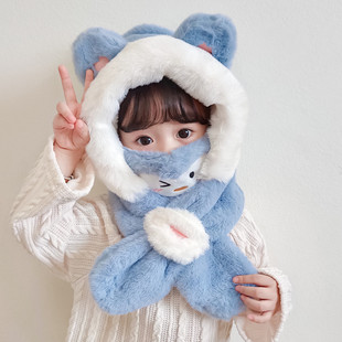 冬季儿童一体帽子男女童户外防风保暖围巾毛绒套头宝宝帽子带口罩