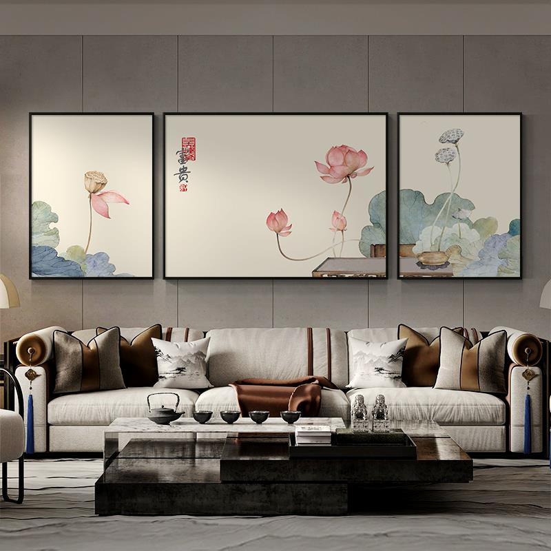 禅意荷花客厅装饰画新中式大气沙发背景挂画三联画茶室书房壁画图片