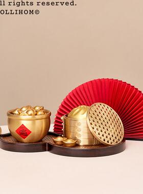 逅里「盆满富贵」黄铜聚宝盆 一桶金小摆件 八方来财招财开业装饰