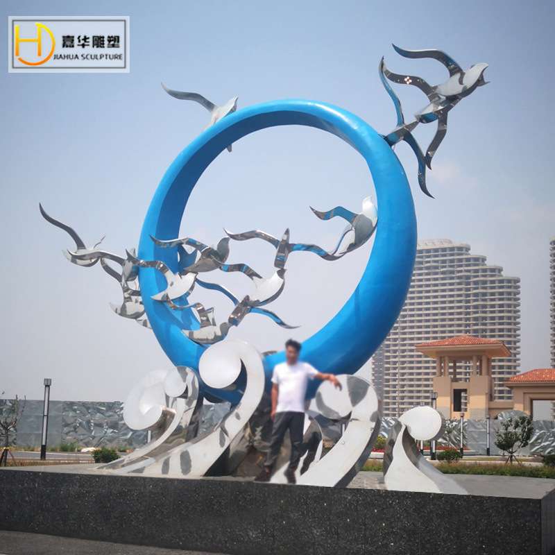 不锈钢大雁小鸟园林景观金属雕塑小区楼盘售楼处水景软装白钢圆环