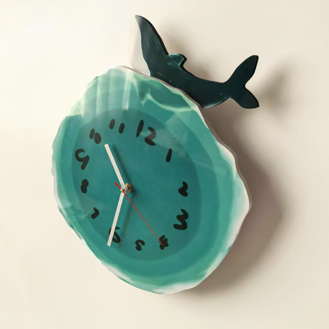文艺挂钟治愈系卡通钟表静音挂墙钟蓝色海洋时钟山海经鲸鱼鲲璧钟