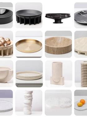 现代创意轻奢合金圆形大理石托盘样板房售楼客厅茶几桌面果盘饰品