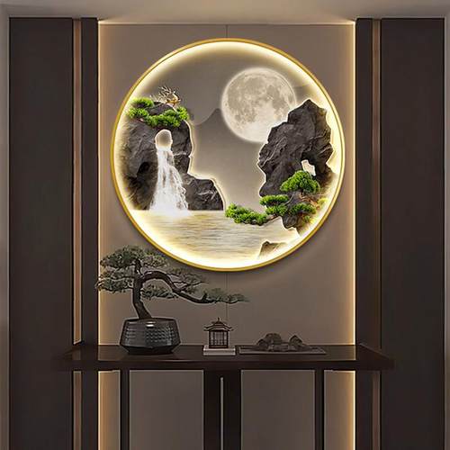 新中式圆形壁画 画流水生财玄关装饰画 画高级感灯画 画大气山水
