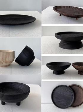 新中式覆古实木黑色原木色果盘收纳盘摆件样板间酒店民宿木碗装饰
