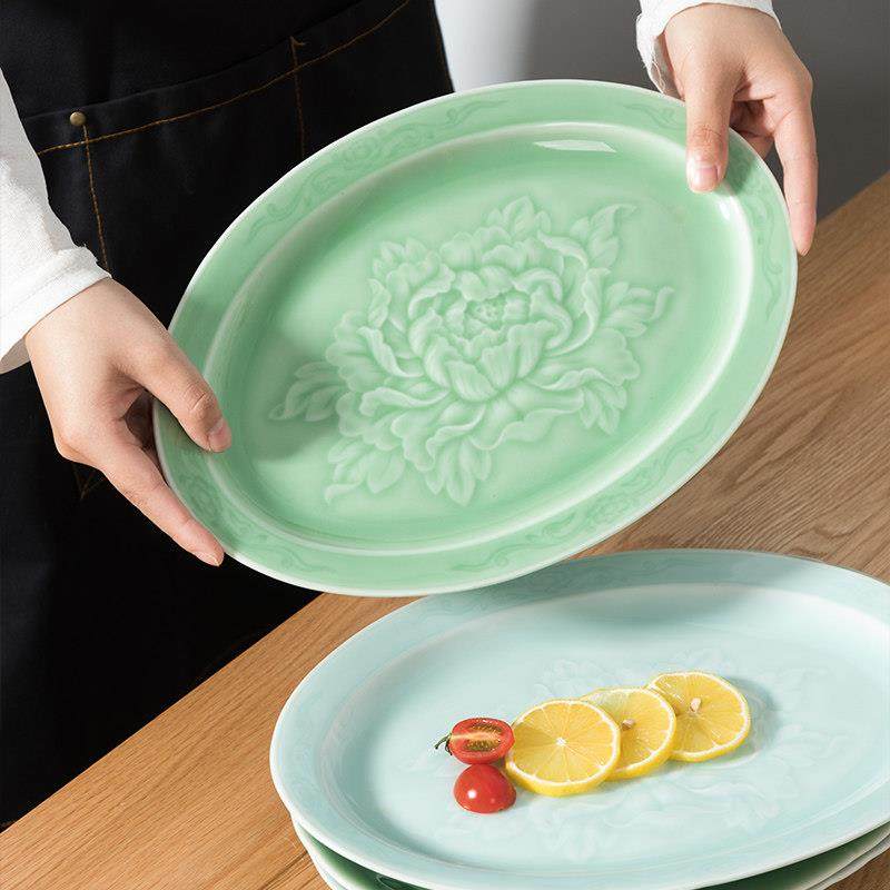 龙泉青瓷陶瓷餐具大号椭圆盘子13英寸富贵牡丹鱼盘酒店餐盘寿司盘,餐饮具,盘,淘宝优惠券,粉丝福利购,淘宝优惠卷