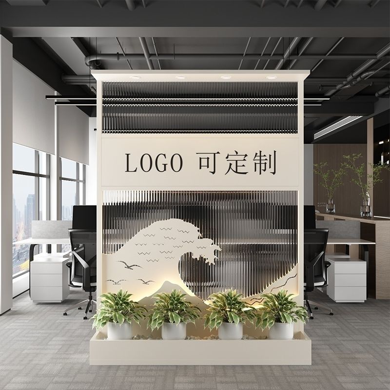 简约屏风隔断办公室形象墙入门玄关前台企业背景墙移动客厅遮挡