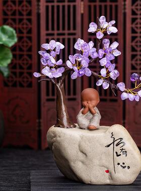 天然紫水晶树粗陶陶瓷摆件水晶花盆 室内家居办公桌创意摆件