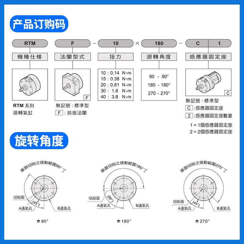 气力可CHELIC回转旋转气缸RTM10/15/20/30/40*90度180T*270L-C1-S