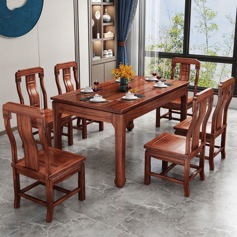 新中式乌金木实木餐桌椅组合现代简约桌小户型R家用长方桌工厂直