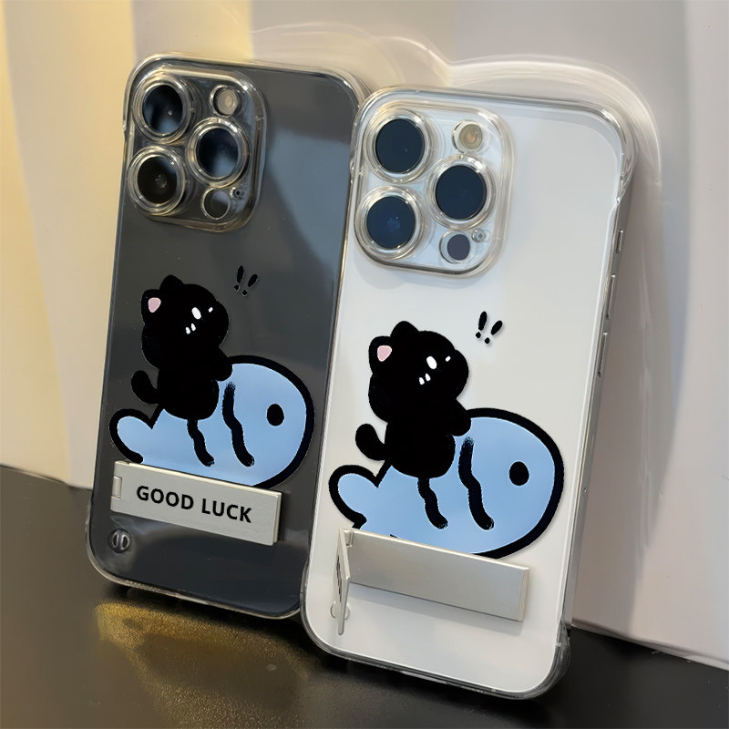 适用iPhone13高级感华为NOVA14硬15plus手机壳带支架苹果16无边框17ProMax超薄12透明骑鱼黑猫可爱红米TURBO4