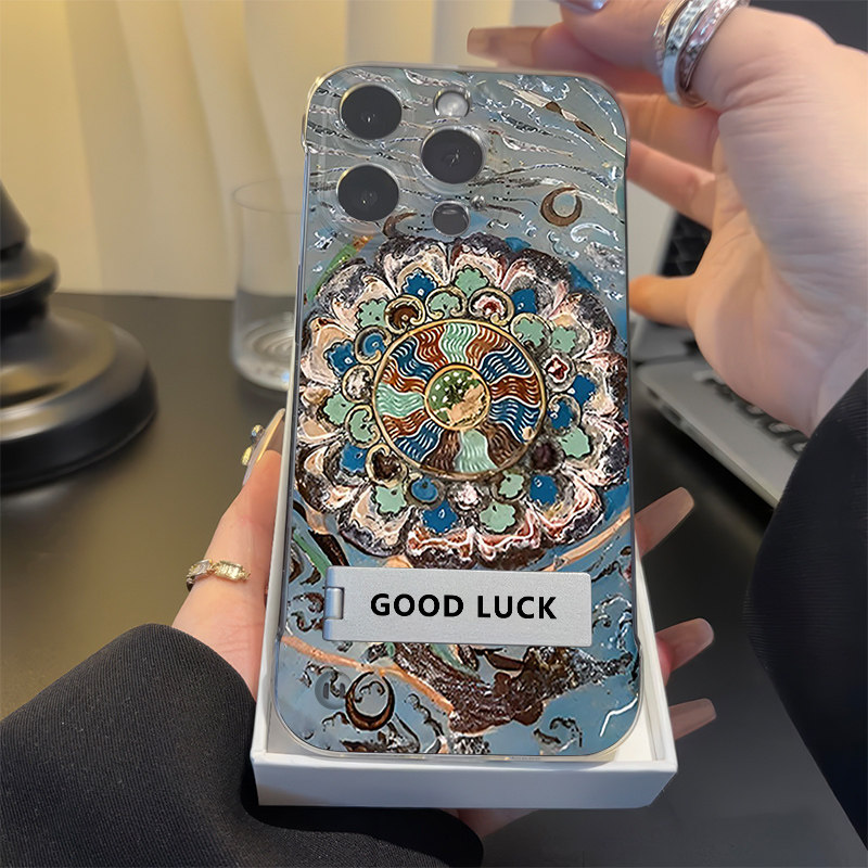 无边框硬iPhone12ProMax高级感超薄13手机壳带支架适用OPPOReno14创意敦煌飞天苹果16透明15plus一加ACE5竞速