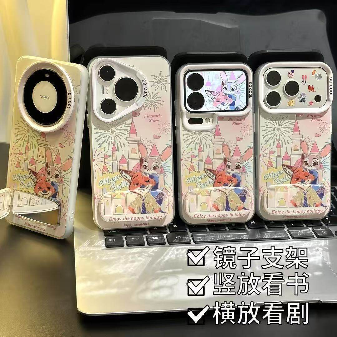 苹果17带镜子支架16ProMax适用iPhone15烟花朱迪尼克VIVOX300手机壳14PLUS硬12彩银ins风荣耀500PRO卡通X200S