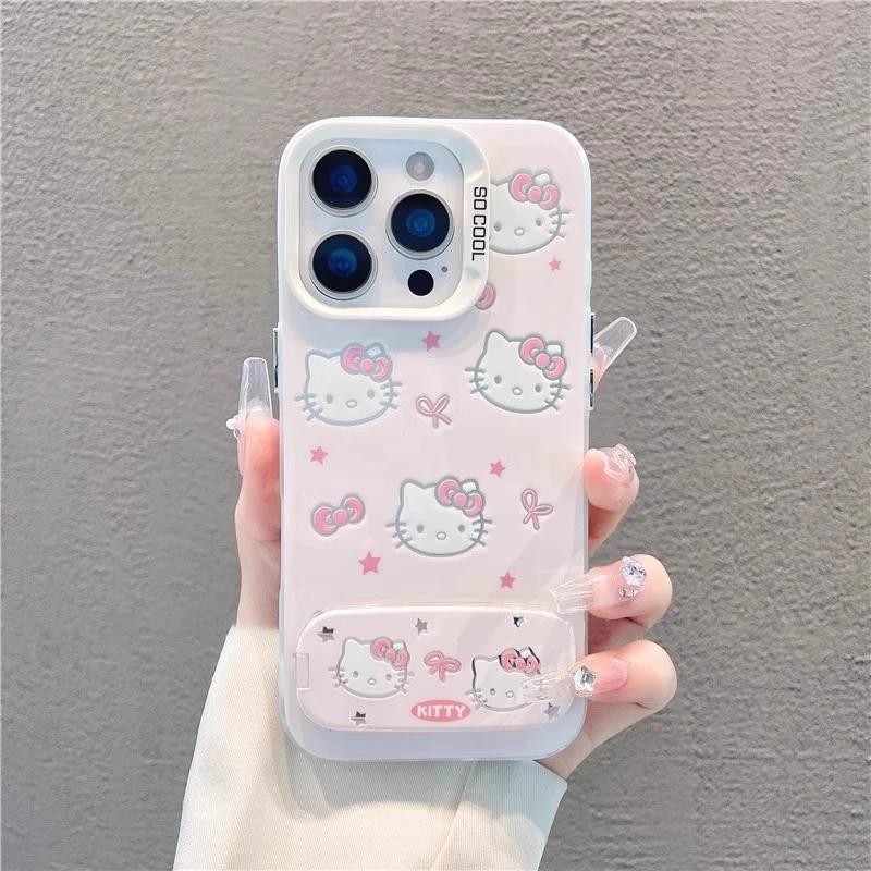 苹果16带镜子支架15plus蝴蝶结凯蒂猫一加ACE5手机壳硬iPhone13彩银12ProMax适用14高级感VIVOx200少女心a58x