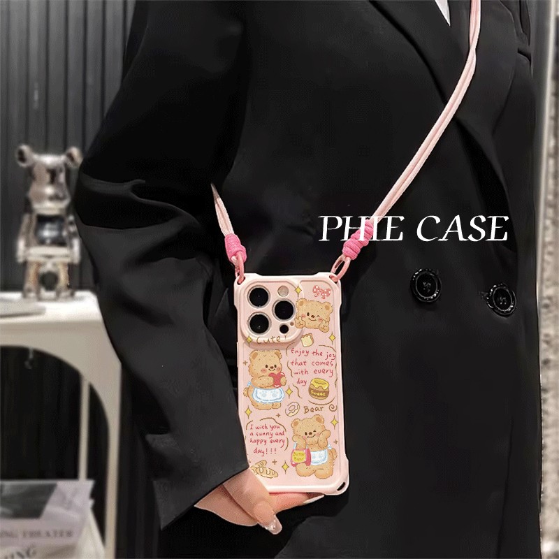 适用爱心黄油小熊OPPOReno11四角开孔苹果13斜挎手腕挂绳12可爱女款iPhone16防摔透明15plus手机壳软14ProMax