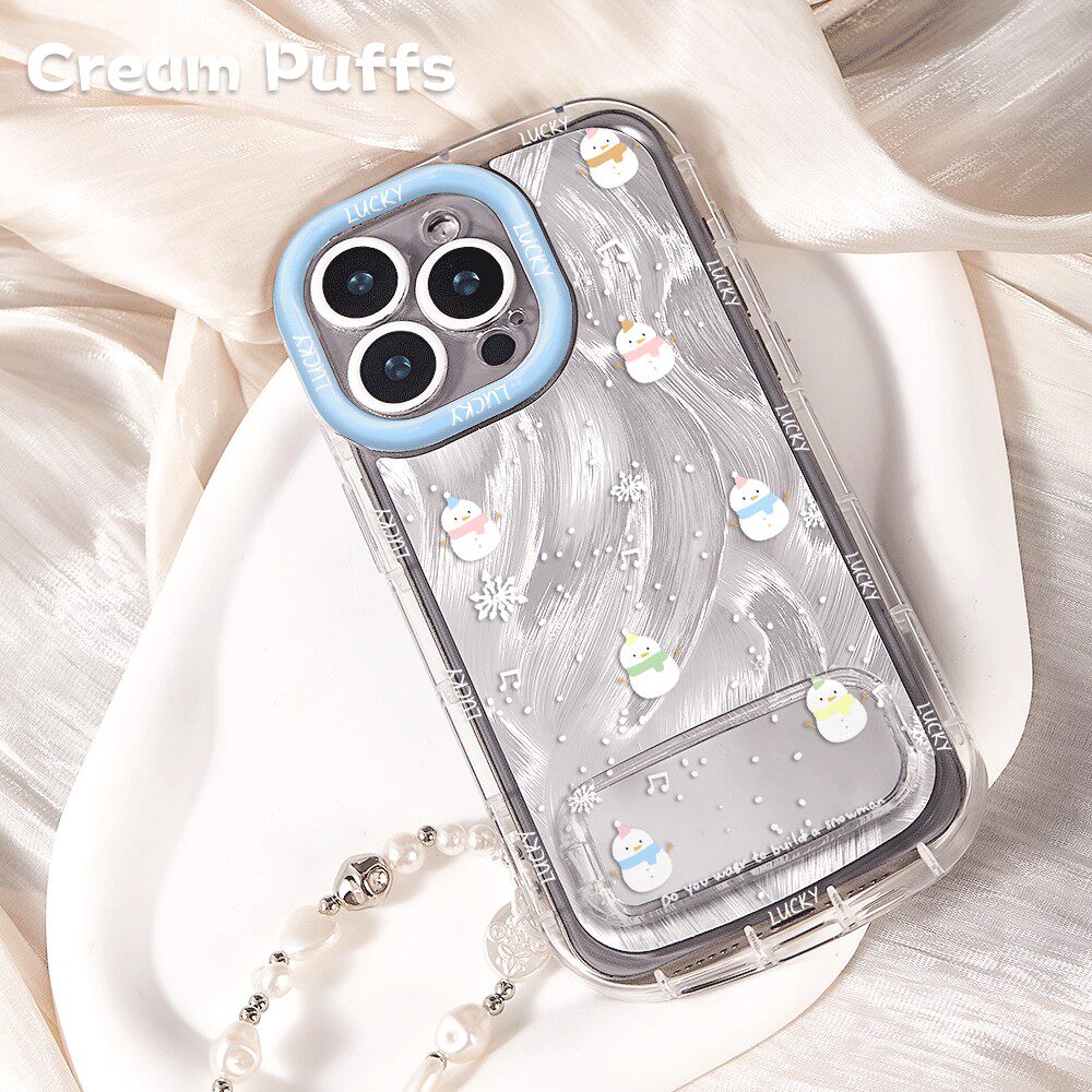 17ProMax创意雪人雪花iPhone16带挂绳15手机壳软OPPOFindx8小清新苹果14ins风红米k90镜子支架13适用荣耀x70i