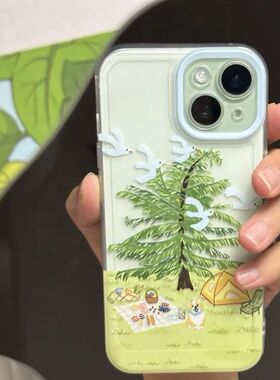 苹果12适用iPhone13荣耀ins风小米14ultra透明软iqooneo10手机壳16绿色春天露营地15promax华为p70小清新OPPO