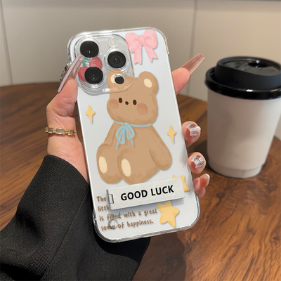 OPPOReno14硬超薄小米15Ultra高级感a5英文小熊iPhone16适用苹果13无边框透明12promax手机壳带支架荣耀POWER