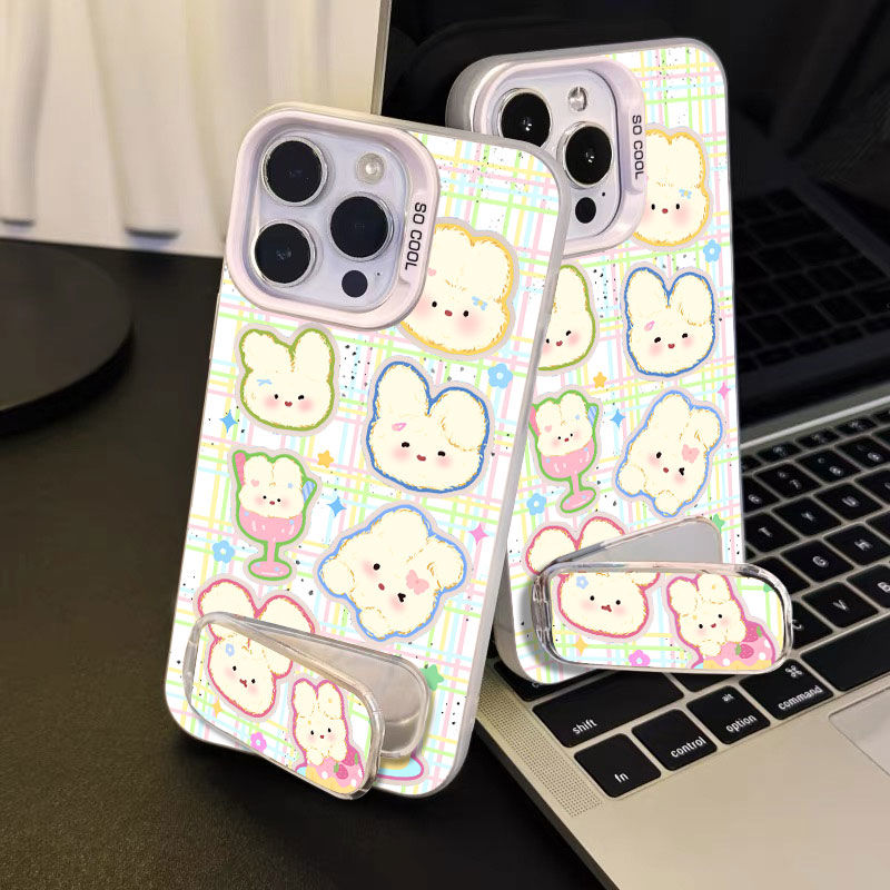 适用iPhone12彩银硬13ProMax甜品可爱兔子带镜子支架OPPOReno14高级感手机壳15PLUS苹果16少女心IQOOZ10TURBO