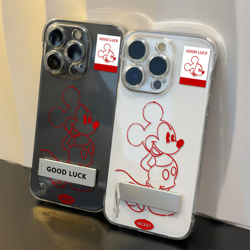 iPhone14硬13可爱线条米奇华为Nova12无边框15PLUS透明17ProMax手机壳带支架适用超薄苹果16卡通小米CIVI4PRO