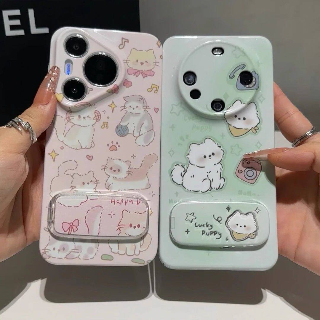 iPhone13菲林OPPOReno12情侣玩耍猫狗16ProMax手机壳硬15带镜子支架14plus适用苹果11可爱华为Mate60少女心a5