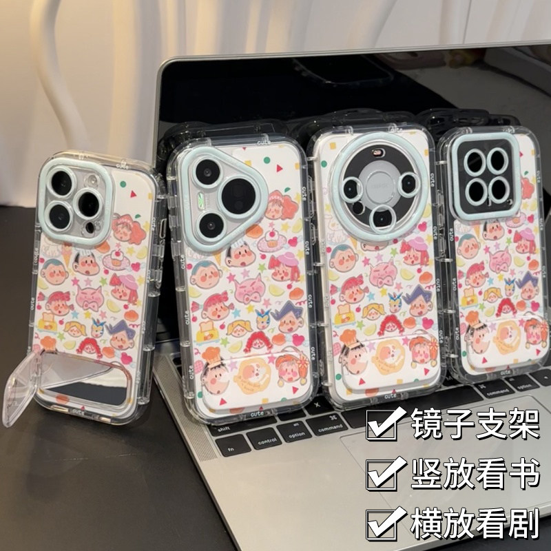 手机壳少女心OPPOReno14带镜子支架12羽纱泡芙16PLUS涂鸦小新13ProMax软苹果17适用iPhone15可爱小米CIVI4PRO