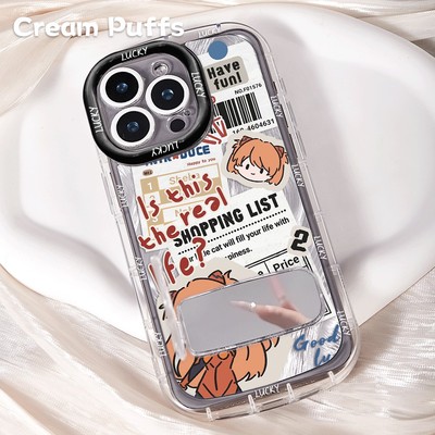 荣耀x70创意iPhone14适用华为NOVA15至尊带挂绳16plus小众手机壳软苹果13镜子支架小米17ProMax报纸EVA明日香