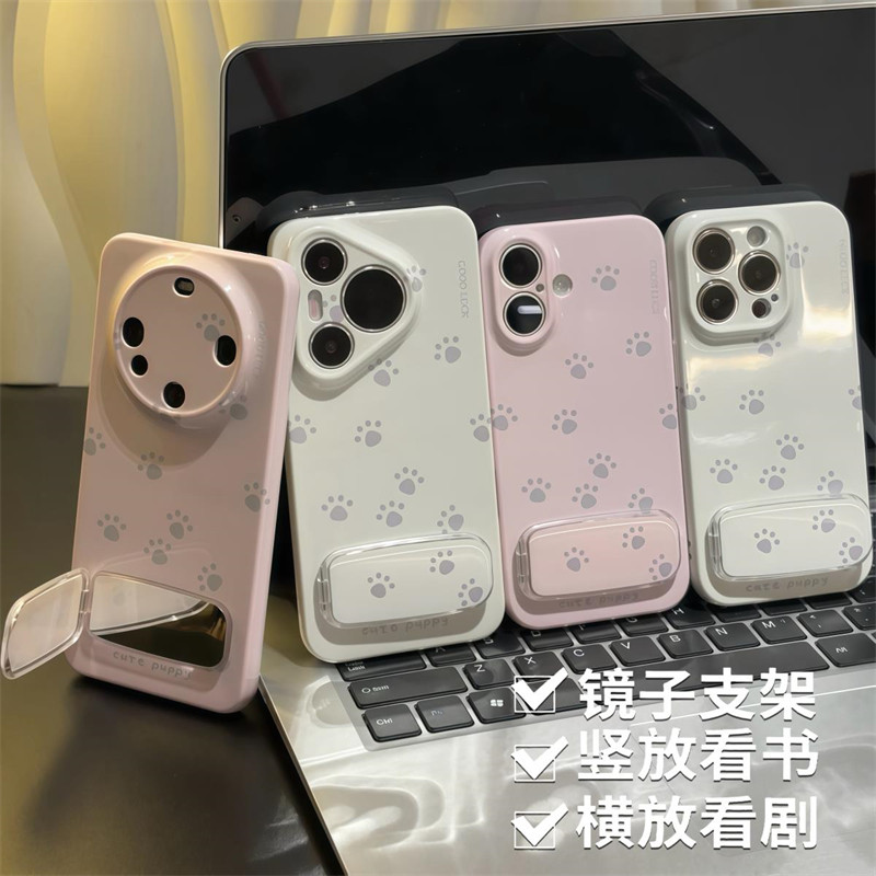 苹果13菲林12ProMaxins风小猫爪iPhone16手机壳硬15带镜子支架14plus适用华为Mate70少女心红米k80个性iqooz9