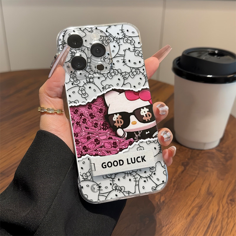 14ProMax超薄一加13t手机壳带支架硬16PLUS墨镜凯蒂猫VIVOS30无边框OPPOFINDX8苹果15透明17卡通适用iPhone12