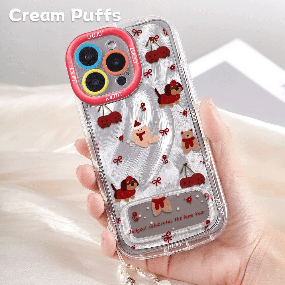 带挂绳13少女心OPPOReno15樱桃小狗iPhone14镜子支架ins风16plus可爱适用苹果12手机壳软17ProMax创意荣耀500