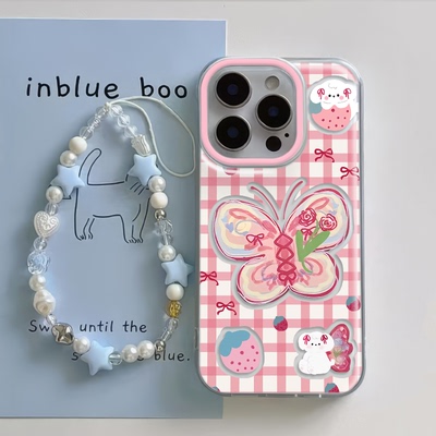 格纹蝴蝶小狗少女心OPPOFindx8pro硬12手机壳带挂绳iPhone15真我gt7适用17ProMax大孔16plus高颜值红米NOTE14