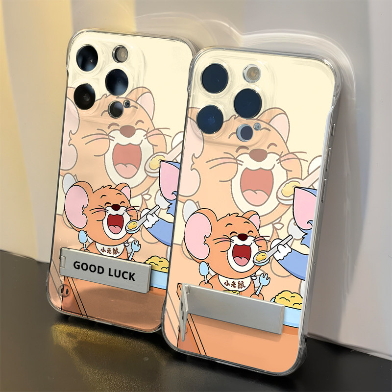 14ProMax卡通手机壳带支架硬iPhone12吃饭杰瑞VIVOx300苹果17透明16PLUS可爱一加ACE6适用13无边框超薄Reno15