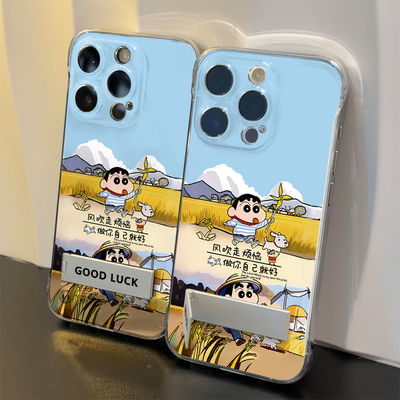 手机壳带支架13超薄14PLUS透明硬ins风iPhone16田野小新适用苹果15无边框小米17卡通12ProMax小清新VIVOx200s