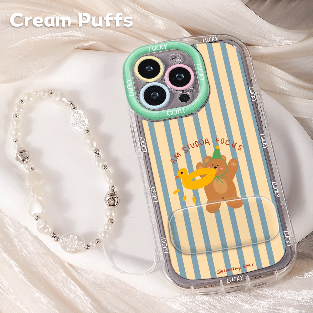 OPPOReno14镜子支架iPhone16plus可爱红米TURBO4带挂绳15手机壳软苹果13适用17ProMax条纹泳圈小熊华为Mate70