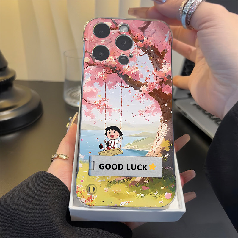 樱花樱桃小丸子苹果12ProMax华为无边框硬iPhone16plus适用小米15超薄高级感14少女心手机壳带支架13透明可爱