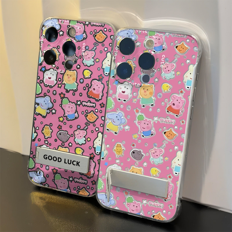 iPhone16手机壳带支架14PLUS可爱佩奇透明12ProMax少女心适用一加15苹果13卡通无边框硬小米17PRO超薄红米K90