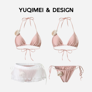 YUQIMEI2025新款 粉色比基尼三件套高级感泳衣女性感甜辣妹泡温泉