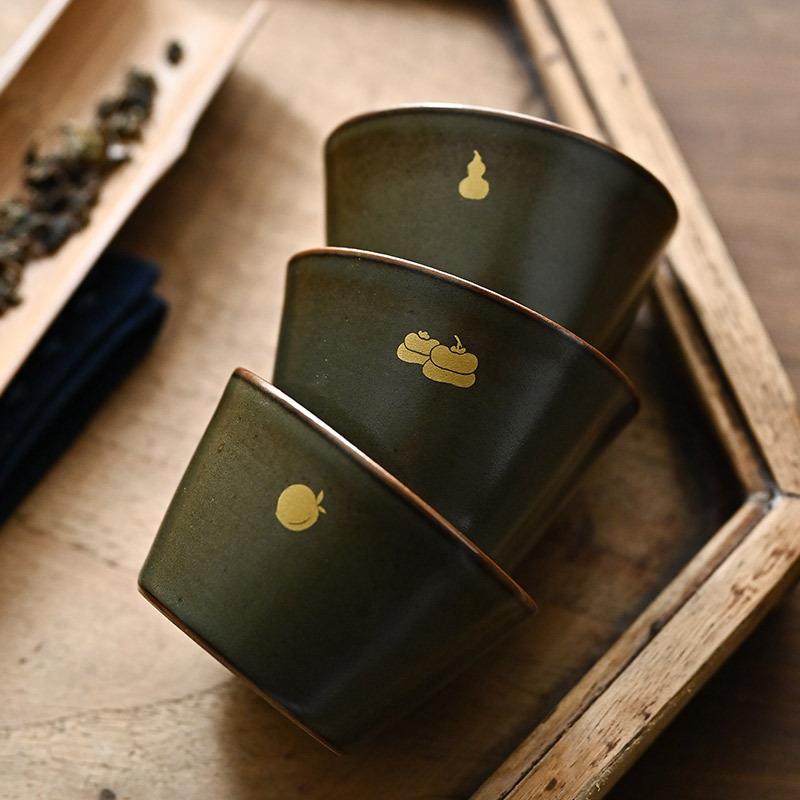 景德镇手拉坯高温原矿茶叶末绿陶艺竹节杯开片可养陶艺主人杯